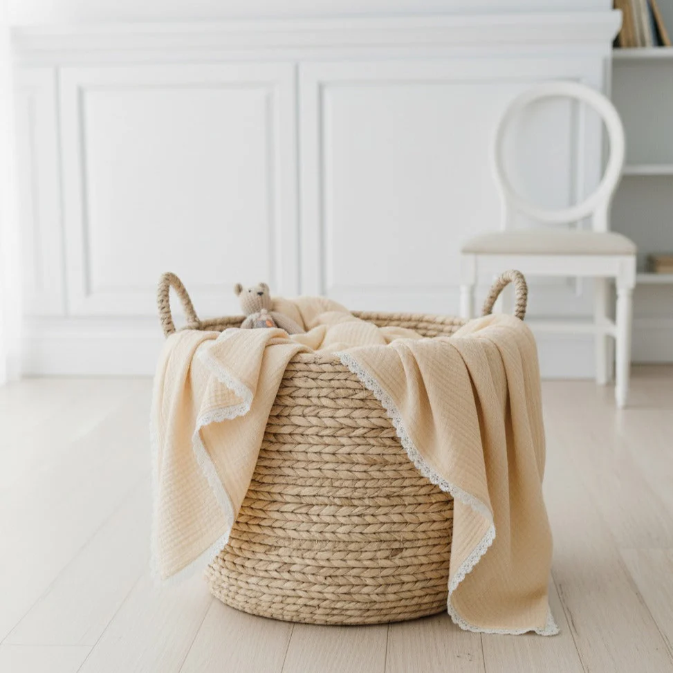 Organic Baby Blanket Muslin- Oat + Ivory Lace - Image 5