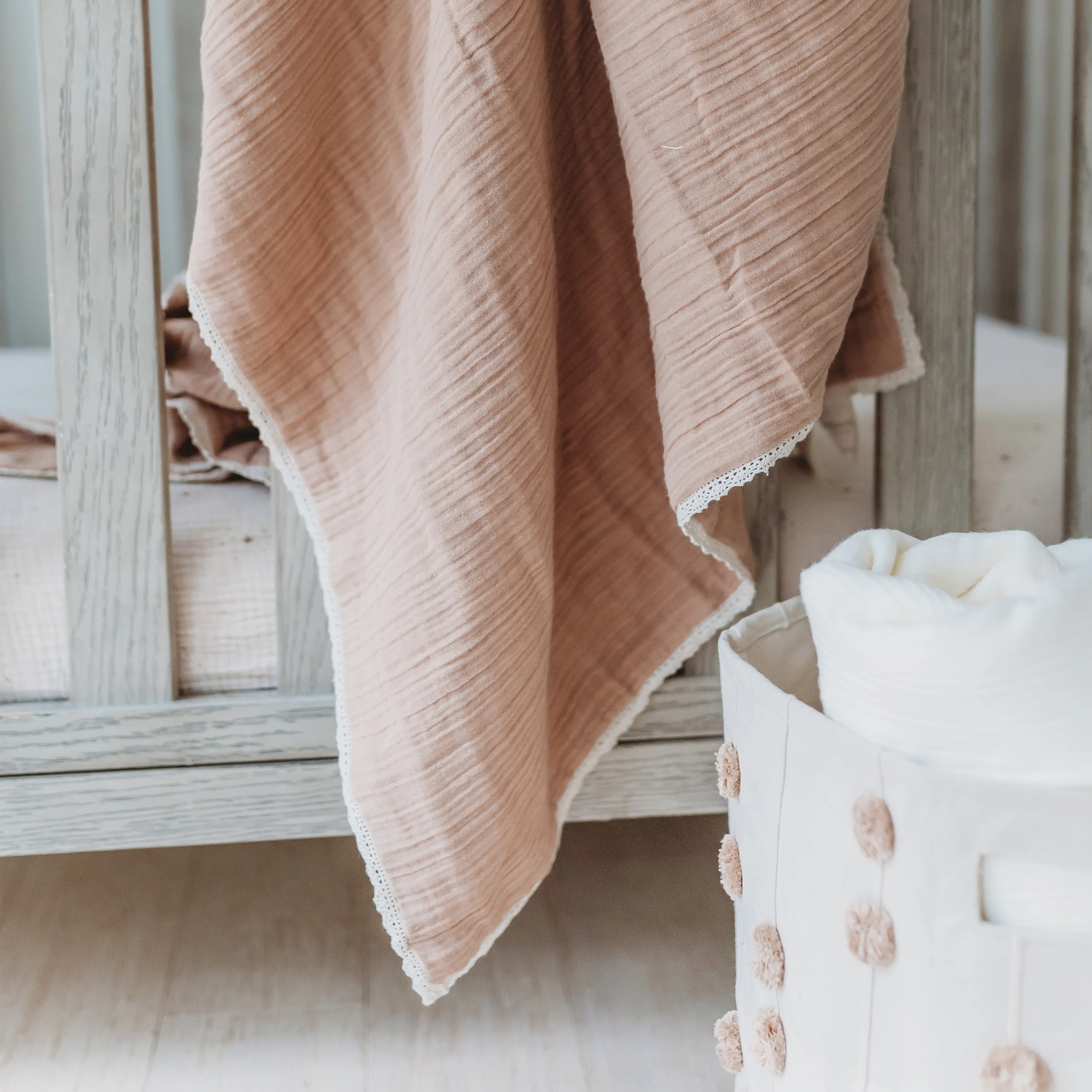 Organic Baby Blanket Muslin - Pecan + Natural Lace - Image 3