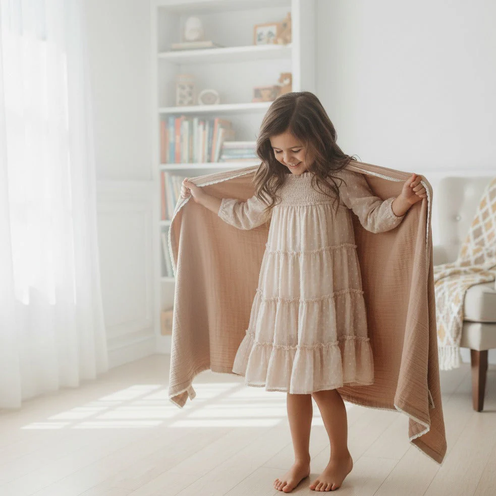 Organic Baby Blanket Muslin - Pecan + Natural Lace - Image 7
