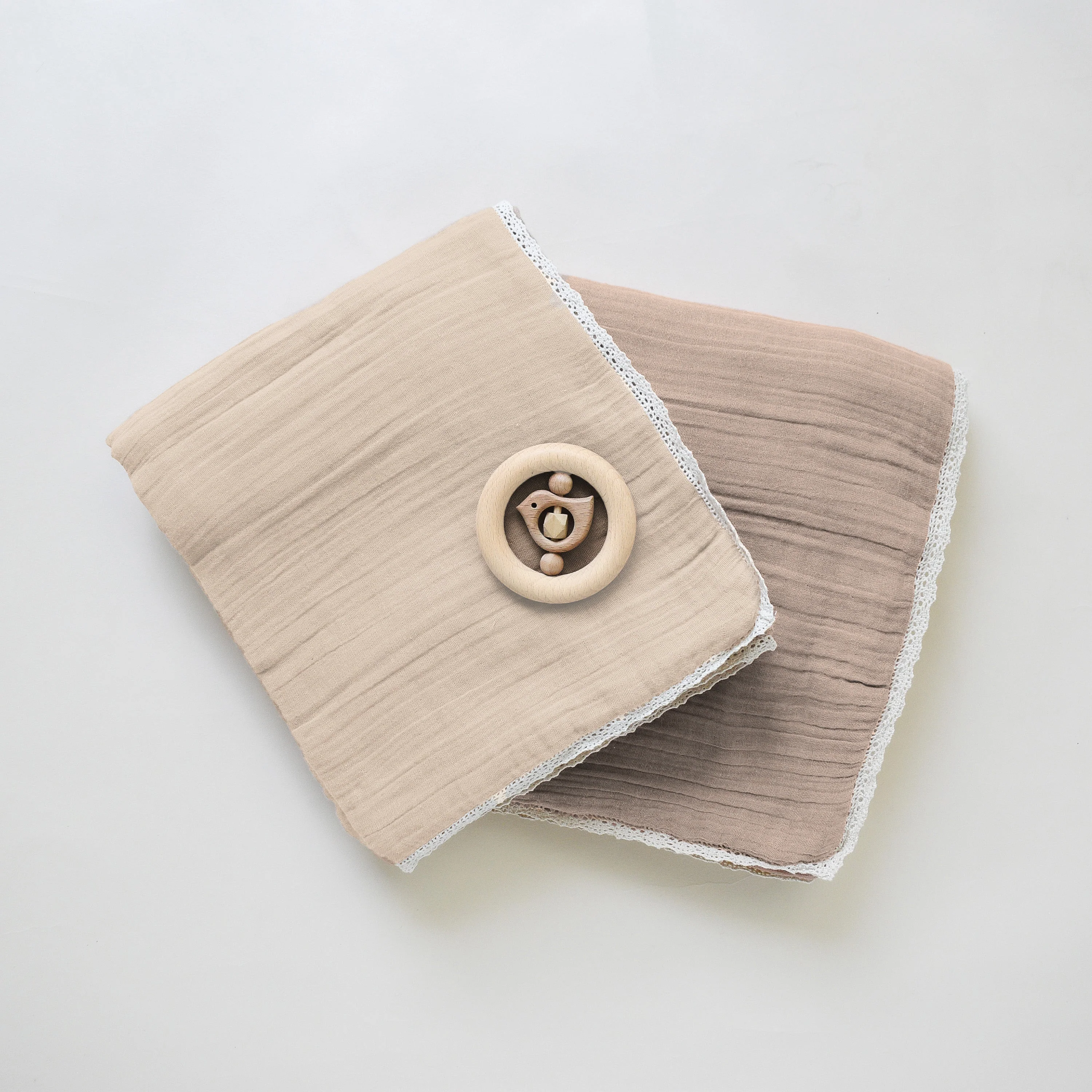 Organic Baby Blanket Muslin - Pecan + Natural Lace - Image 8