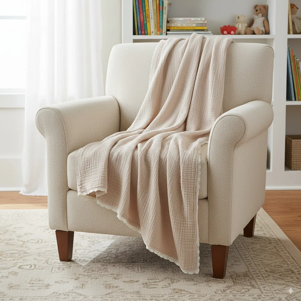 Organic Baby Blanket Muslin - Taupe + Natural Lace - Image 7