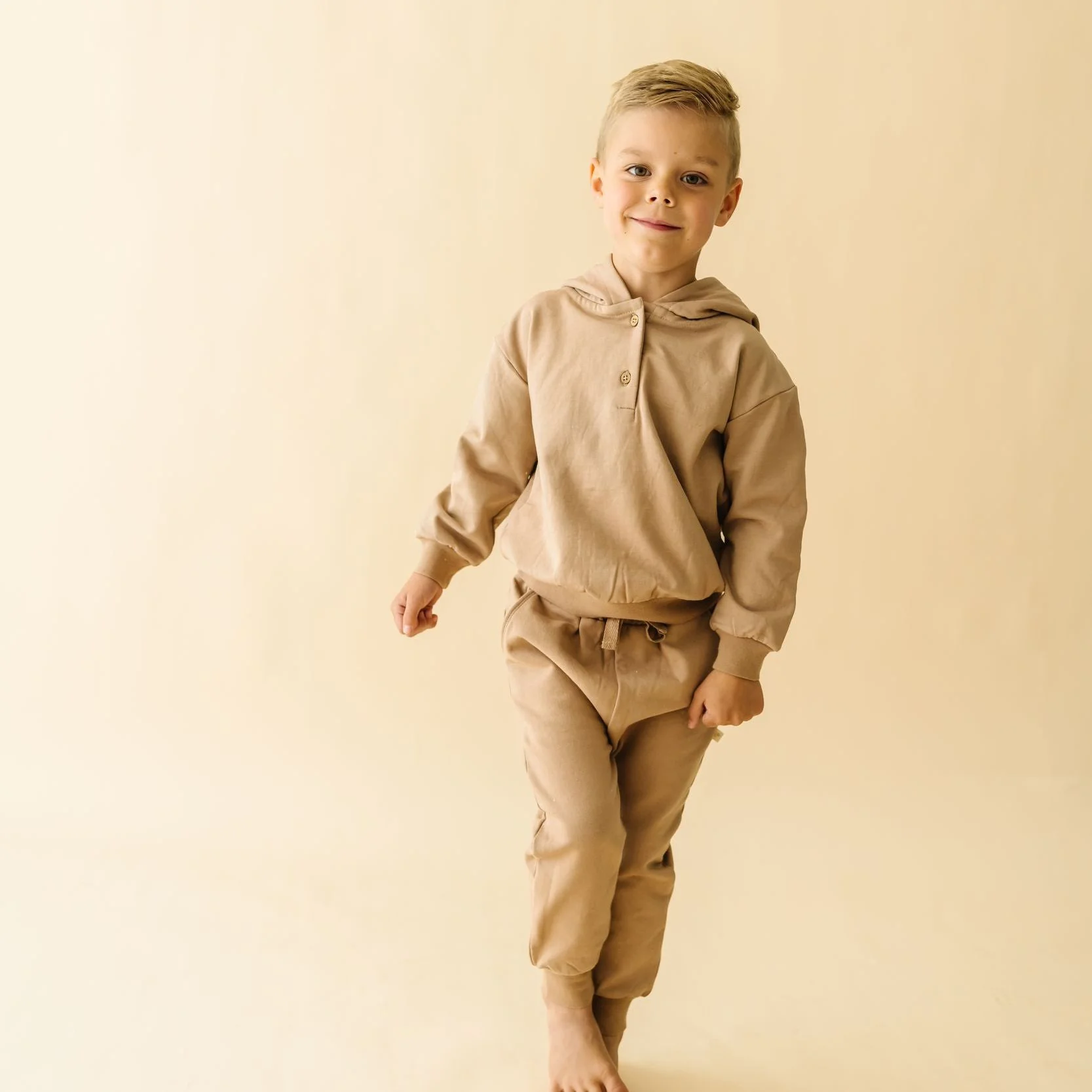 Organic Fleece Henley Hoodie - Taupe - Image 3