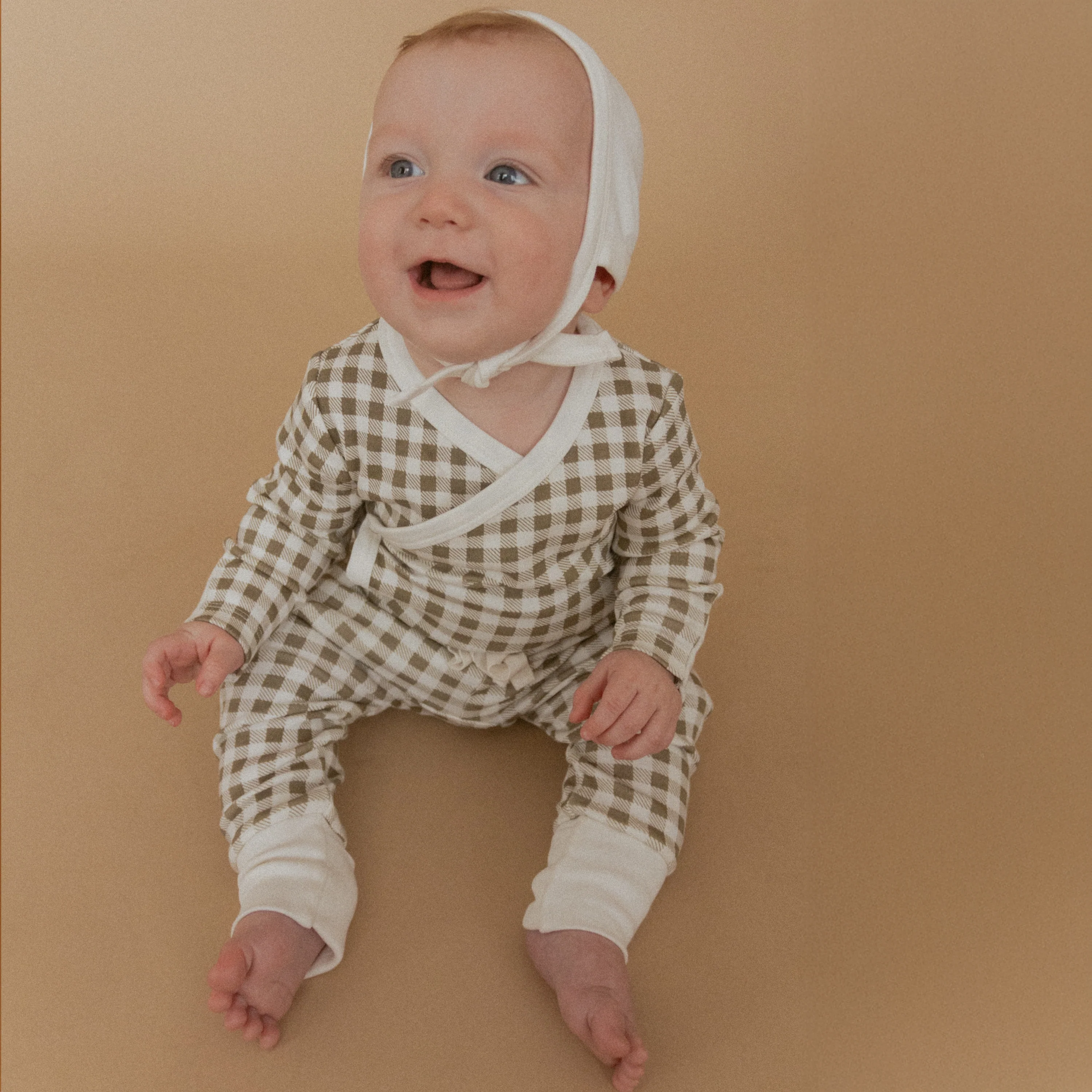 Organic Kimono Onesie & Pants Set - Olive Gingham - Image 3