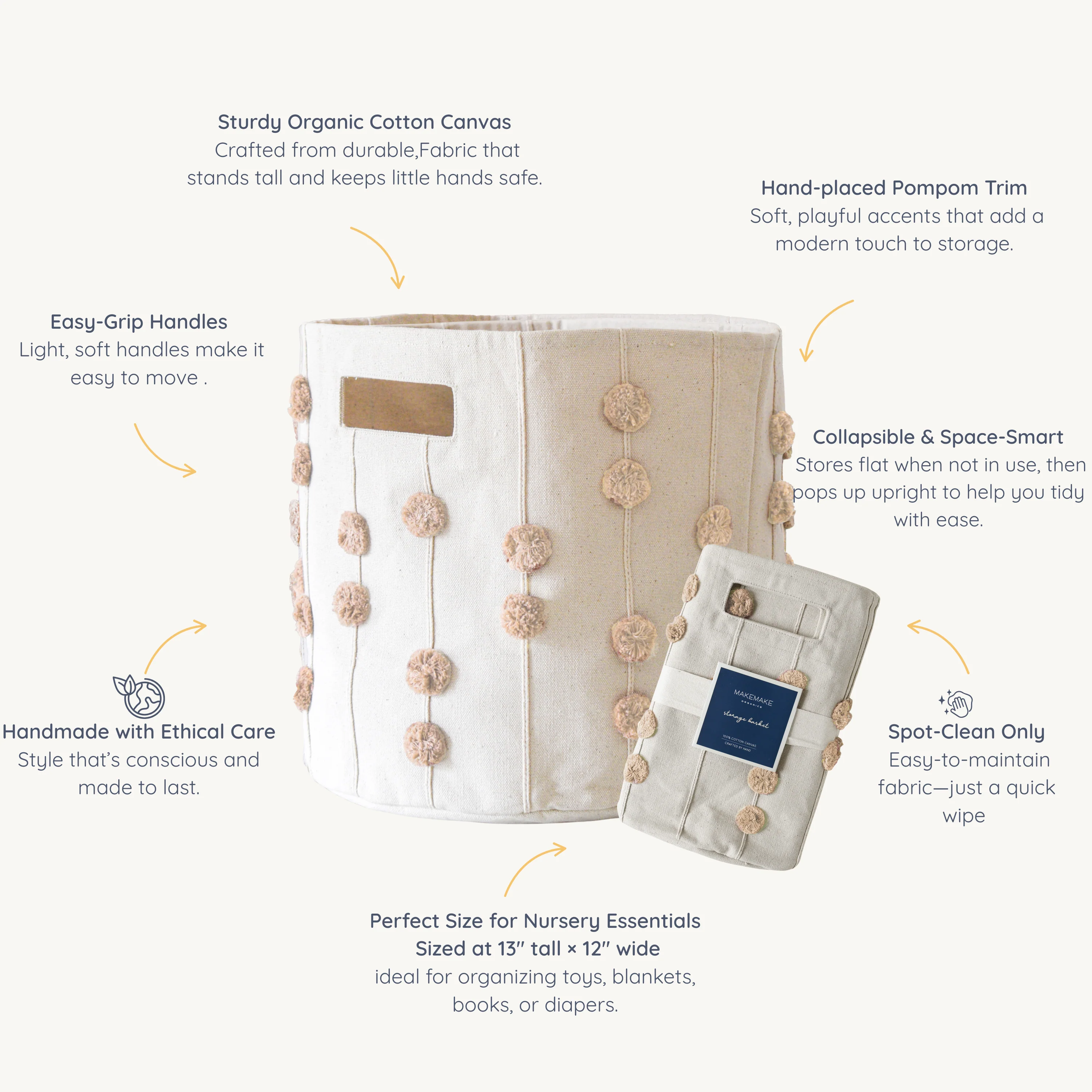 Handmade Canvas Storage Basket Pom Pom - Pecan - Image 4