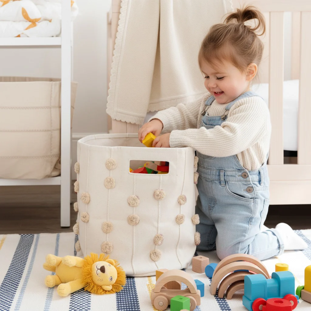 Handmade Canvas Storage Basket Pom Pom - Pecan - Image 7